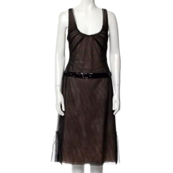 Vera Wang Gothic Black Sheer Mesh Dress Whimsygoth Glam Goth LBD Sequins Raw Hem - Picture 1 of 9
